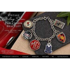 Vintage Sterling Silver Enamel Car Emblem Charm Bracelet Ferrari Porsche Unisex